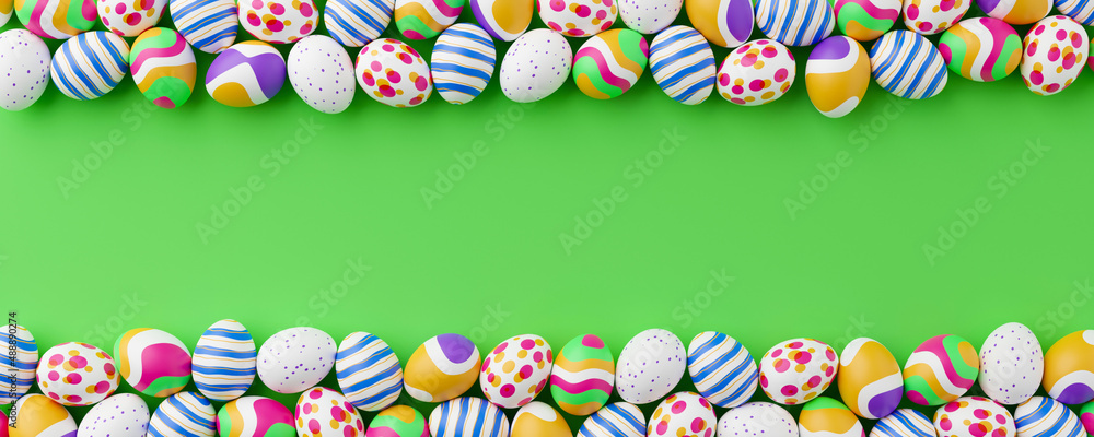 Poster bunch of colorful eggs on a green easter background 3d rendering. pile of birght and colorful easter