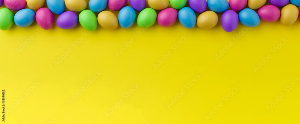 Poster bunch of colorful eggs on a yellow easter background 3d rendering. pile of birght and colorful easte