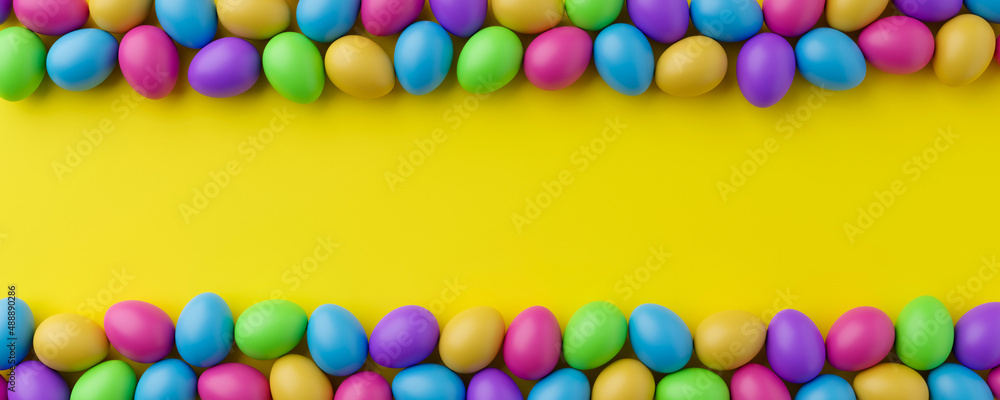 Poster bunch of colorful eggs on a yellow easter background 3d rendering. pile of birght and colorful easte
