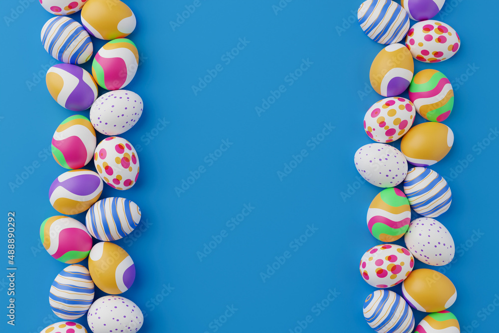 Poster bunch of colorful eggs on a blue easter background 3d rendering. pile of birght and colorful easter 
