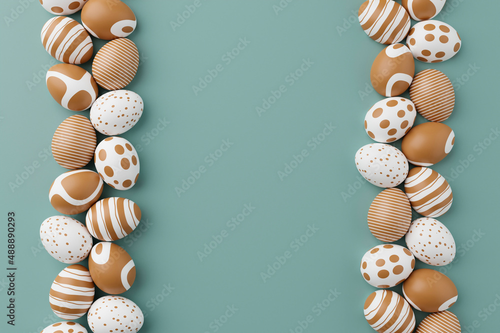 Poster golden easter eggs with gold pattern on a green background. 3d render illustration. easter compositi