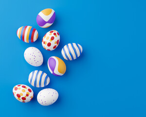 Fototapeta na wymiar Bunch of colorful eggs on a blue Easter background 3D Rendering. Pile of birght and colorful Easter Eggs - 3d render. Easter concept composition frame border