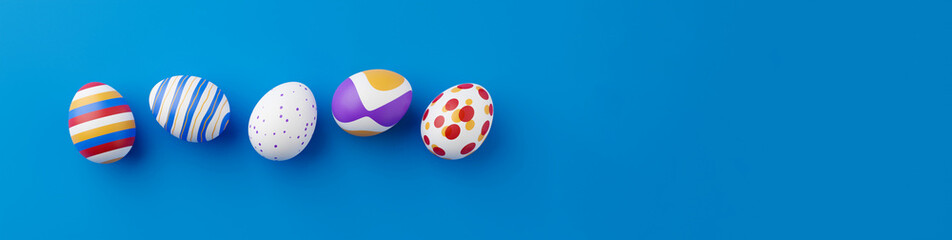 Bunch of colorful eggs on a blue Easter background 3D Rendering. Pile of birght and colorful Easter Eggs - 3d render. Easter concept composition frame border