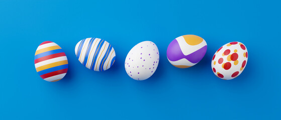 Bunch of colorful eggs on a blue Easter background 3D Rendering. Pile of birght and colorful Easter Eggs - 3d render. Easter concept composition frame border