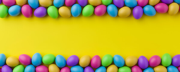 Bunch of colorful eggs on a yellow Easter background 3D Rendering. Pile of birght and colorful Easter Eggs - 3d render. Easter concept composition frame border