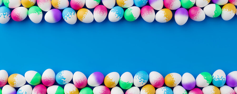 Bunch of colorful eggs on a blue Easter background 3D Rendering. Pile of birght and colorful Easter Eggs - 3d render. Easter concept composition frame border