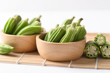 Green okra or ladies fingers (Edible green seed pods), Organic vegetables from local farmer market