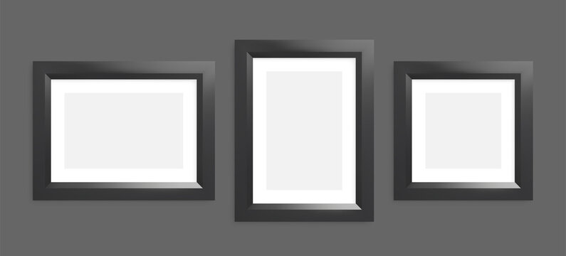 Realistic black pictures or photo frames. Vector horizontal and vertical frame mockup.