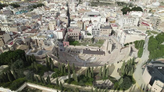 Aerial reveals restored ancient Roman amphitheater, Cartagena, Spain