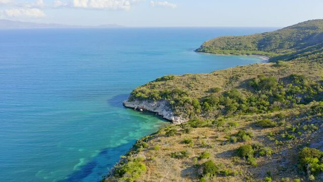 Aerial View Of Monte Rio Beach And Seascape In Azua, Dominican Republic At Summer. drone shot