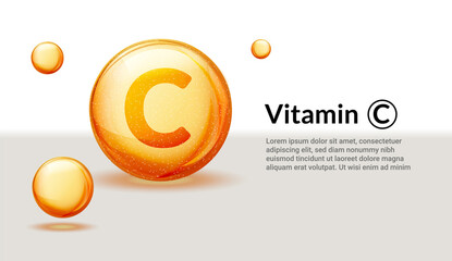 Vitamin C background ascorbic acid 3d orange serum health. Vitamin C vector golden logo - obrazy, fototapety, plakaty