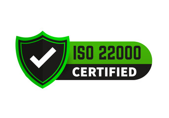 ISO 22000 Certified green badge, icon. Certification stamp. Flat design vector.