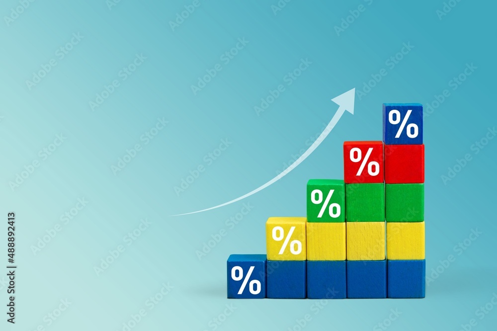 Sticker Wooden blocks with percentage signs, represent rate increase, sales increase