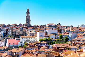 view of the Torre dos Clerigos in the city center of Porto, Portugal.