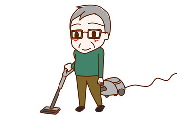 （全身斜め）コード付き掃除機をかけて部屋を綺麗にし笑顔になる高齢の男性