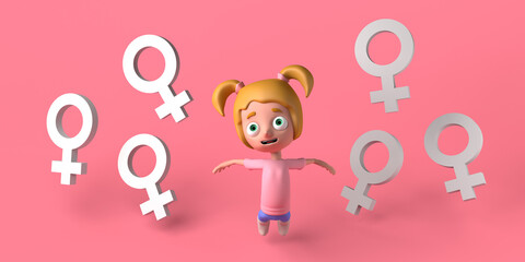Woman jumping around the female symbol. Feminism. 3D illustration. International Women's Day. March 8. Copy space.