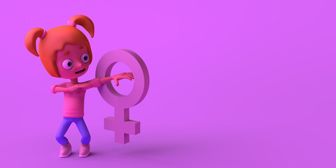 Woman with gesture of success next to the feminine symbol.  Feminism. 3D illustration. International Women's Day. March 8. Copy space.