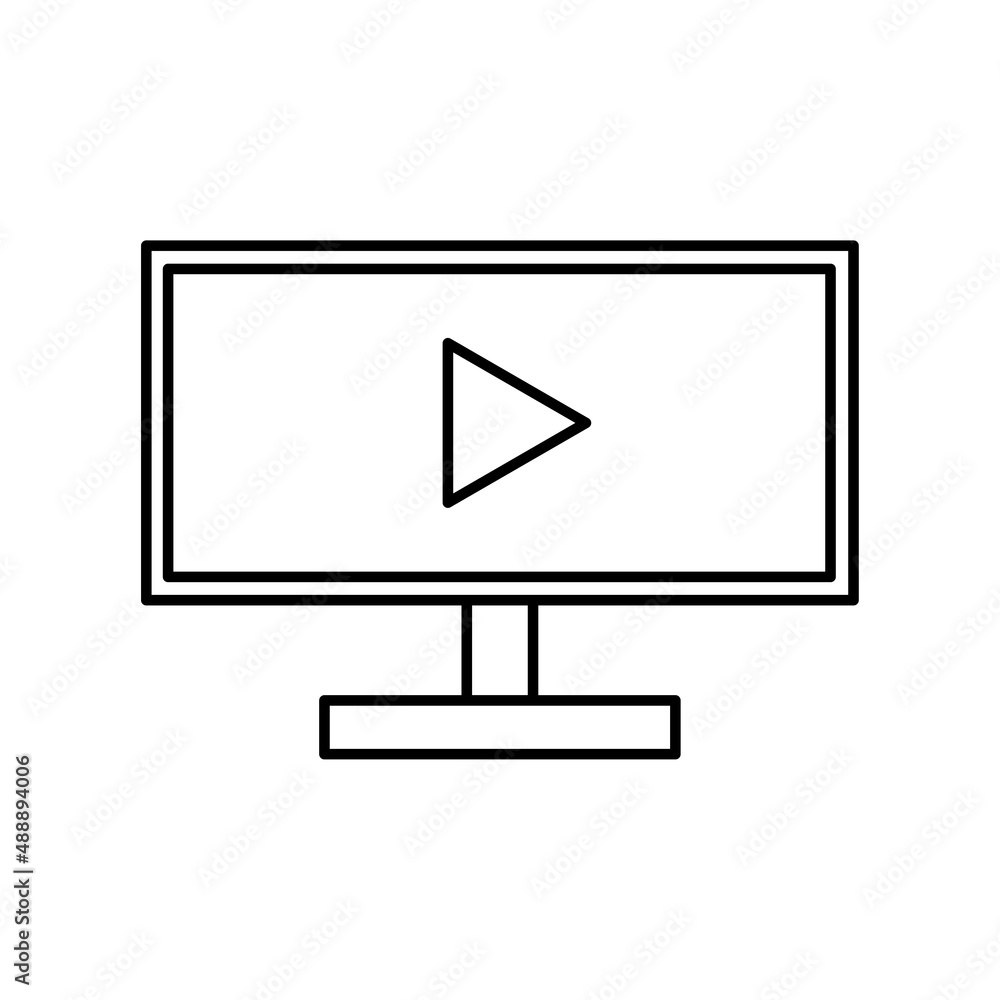 Poster flat monitor with play button. internet technology. video player template. play online. vector illus