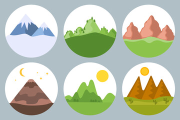 Mountains set desert, volcano, snowy peaks, forest, rocks in circles. Stickers, banners, templates. Objects of hill, sun or moon, stars and tree. Pictures of nature. Abstract design for banner. Vector