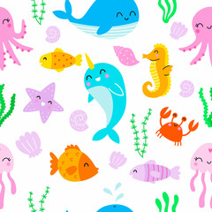 Naadloos patroon met schattige onderzeese inwoners. Creatieve kinderachtige achtergrond. vector illustratie