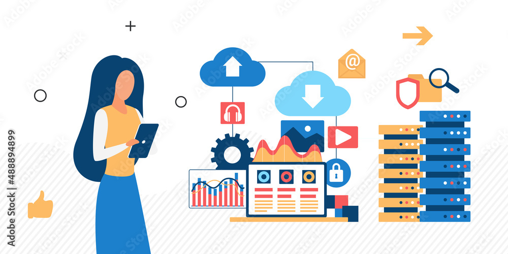 Fototapete Digital cloud data technology server storing information. Hosting and manipulation input statistic database