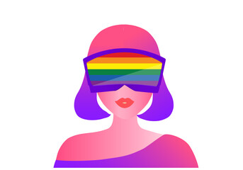 Woman wearing virtual reality goggle glass, having 3d experience in virtual reality  vector illustration. Metaverse and blockchain 3D experience technology concept