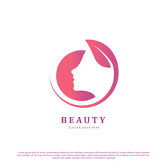 Beautiful woman's face with leaf logo design template