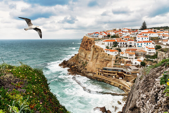 seagull flying over the typical fishing village of Azenhas do Mar in Sintra Portugal.