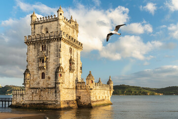 view of Belem tower in lisbon, Portugal at sunset.