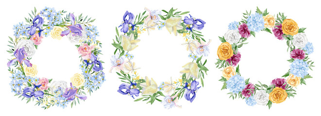 Watercolor floral round wreath with pink purple violet  flowers, wildflower, leaves, iris, rose, peony, aster for wedding card. Hand drawn botanical banner for greeting card, baby shower, party card