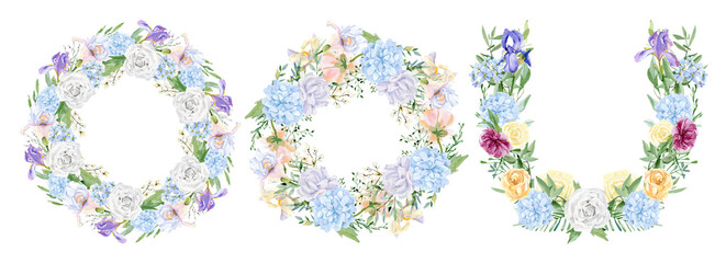 Watercolor floral round wreath with pink purple violet  flowers, wildflower, leaves, iris, rose, peony, aster for wedding card. Hand drawn botanical banner for greeting card, baby shower, party card