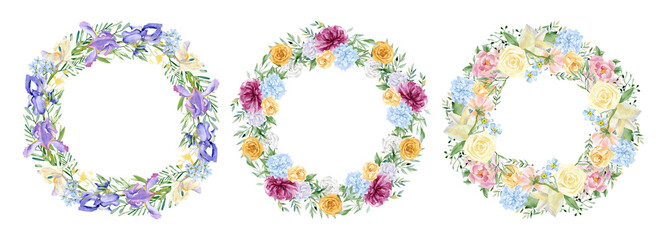 Watercolor floral round wreath with pink purple violet  flowers, wildflower, leaves, iris, rose, peony, aster for wedding card. Hand drawn botanical banner for greeting card, baby shower, party card