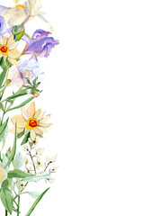 Obraz premium Floral wedding banner watercolor with hand drawn boho flower, rose, wildflowers. Spring elegant garden botanical frame for greeting card, baby shower, bridal shower..