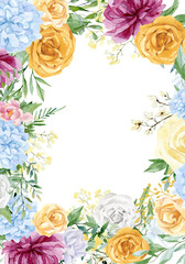 Fototapeta na wymiar Floral wedding banner watercolor with hand drawn boho flower, rose, wildflowers. Spring elegant garden botanical frame for greeting card, baby shower, bridal shower..