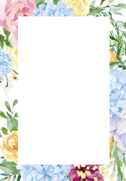 Floral wedding banner watercolor with hand drawn boho flower, rose, wildflowers. Spring elegant garden botanical frame for greeting card, baby shower, bridal shower..