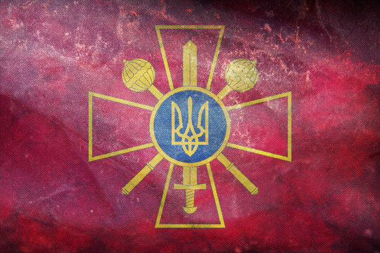 Top View Of Retro Flag Ministry Of Defence, Ukraine With Grunge Texture. Ukrainian Patriot And Travel Concept. No Flagpole. Plane Design, Layout. Flag Background