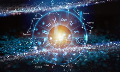 Zodiac signs inside of horoscope circle. Astrology in the sky with stars and moons  astrology and...
