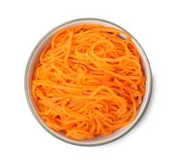 Delicious Korean carrot salad in bowl isolated on white, top view