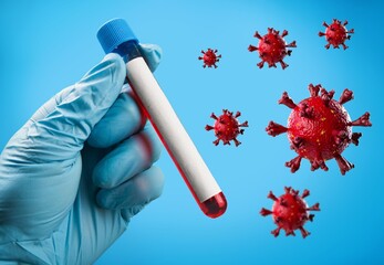 Omicron COVID-19 variant Coronavirus. Tubes with a strain of the virus in human blood.