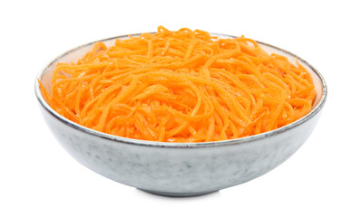 Delicious Korean carrot salad in bowl isolated on white