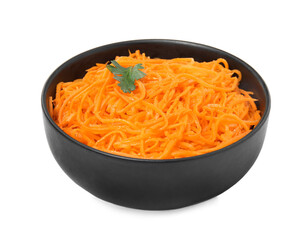 Delicious Korean carrot salad with parsley in bowl isolated on white