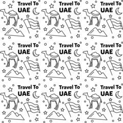 Travel to UAE doodle seamless pattern vector design.
Map, flag, tree, building, are icons identic with UAE