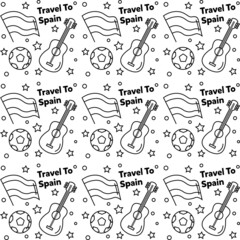 Travel to Spain doodle seamless pattern vector design. Map, bull, flag, guitar are identic with Spain.