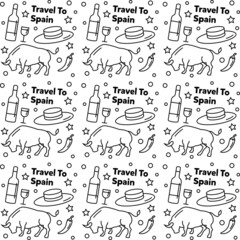 Travel to Spain doodle seamless pattern vector design. Map, bull, flag, guitar are identic with Spain.