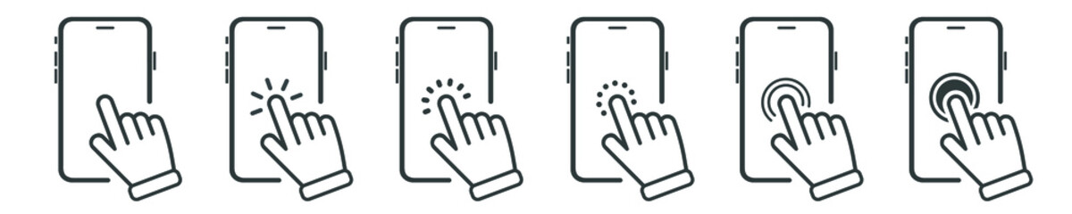 
Hand touch screen smartphone icon set. Click on the smartphone. Vector design
