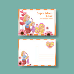 Postcard template with love supermom concept,watercolor style