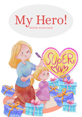 Poster template with love supermom concept,watercolor style