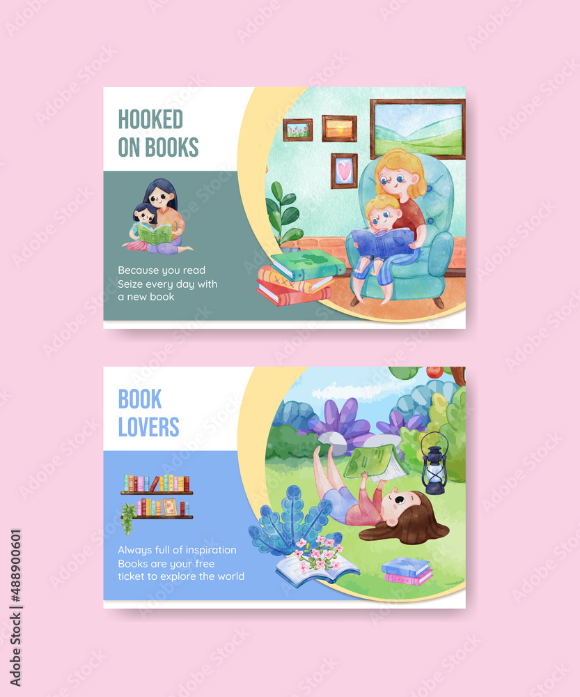 Wall mural Facebook template with world book day concept,watercolor style