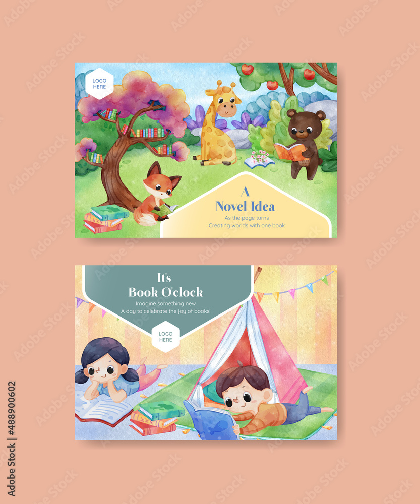 Wall mural facebook template with world book day concept,watercolor style