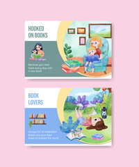 Facebook template with world book day concept,watercolor style